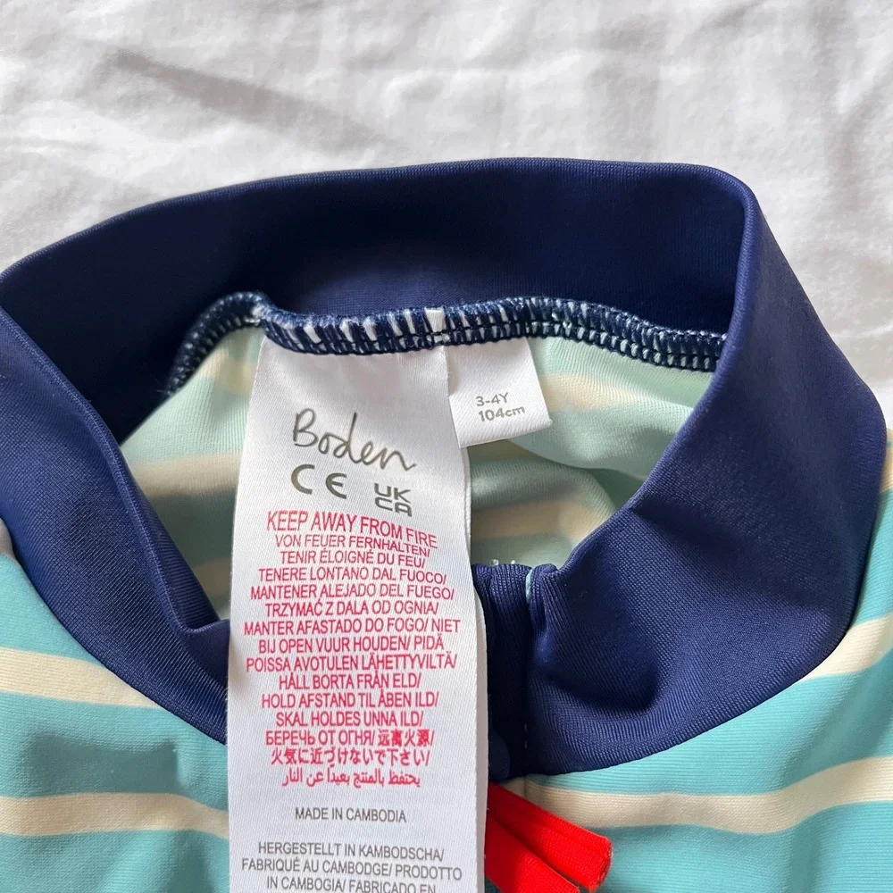 Mini Boden Girls' One-Piece Swimsuit in Aqua Stripe with Navy Puffins